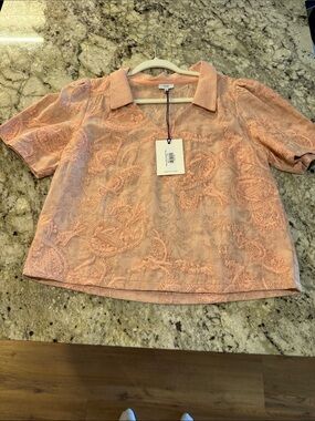 Voy Pink Embroidered Collared Short Sleeve Top
